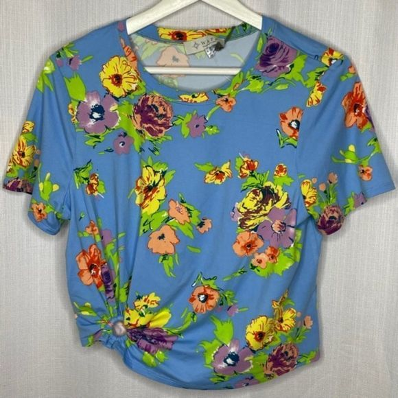 Wayf Tops - Wayf Blue Floral Knotted Crop‎ Top